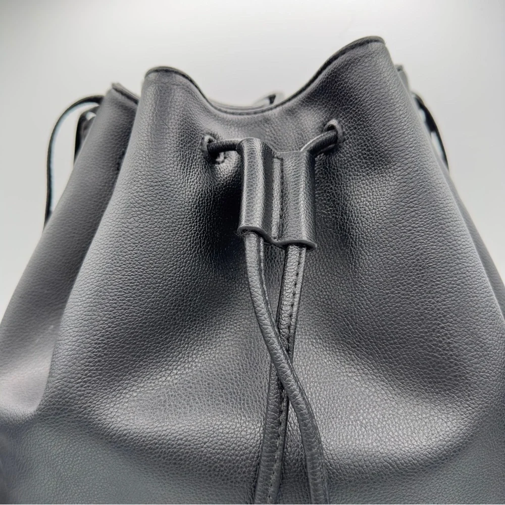 Victoria's Secret Black Faux Leather Shoulder Bucket Bag Fringe Backpack Tote